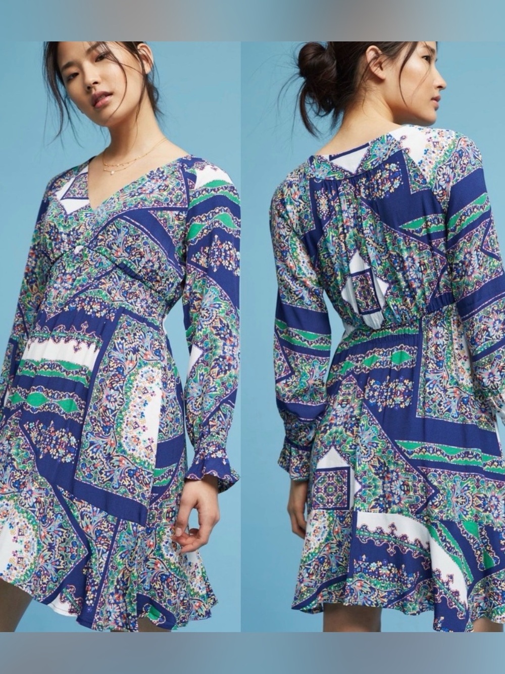 Maeve Anthropologie Monaco Paisley Patchwork V-Neck Dress Boho Ruffle Smocked S
